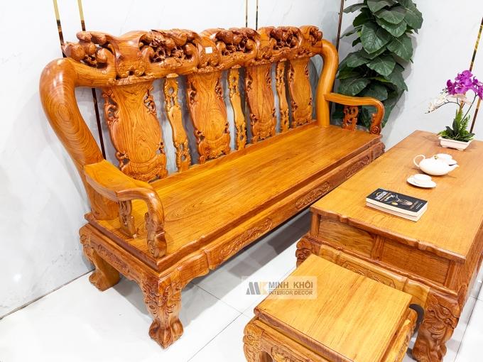 Salon Hương Đá Tay 12 Chạm Đào Mặt Liền 4 Tựa - SL973