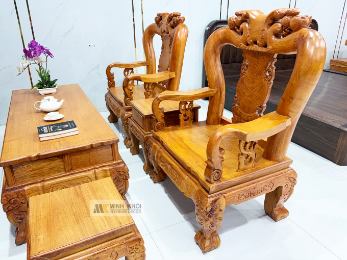 Salon Hương Đá Tay 12 Chạm Đào Mặt Liền 4 Tựa - SL973