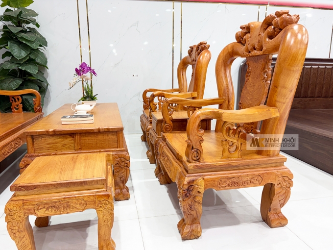 Salon Hương Đá Tay 12 Chạm Đào Mặt Liền 4 Tựa - SL973