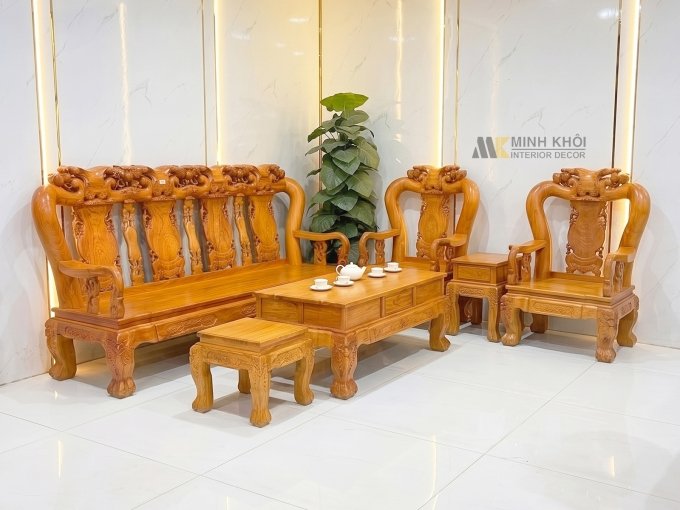 Salon Hương Đá Tay 12 Chạm Đào Mặt Liền 4 Tựa - SL973
