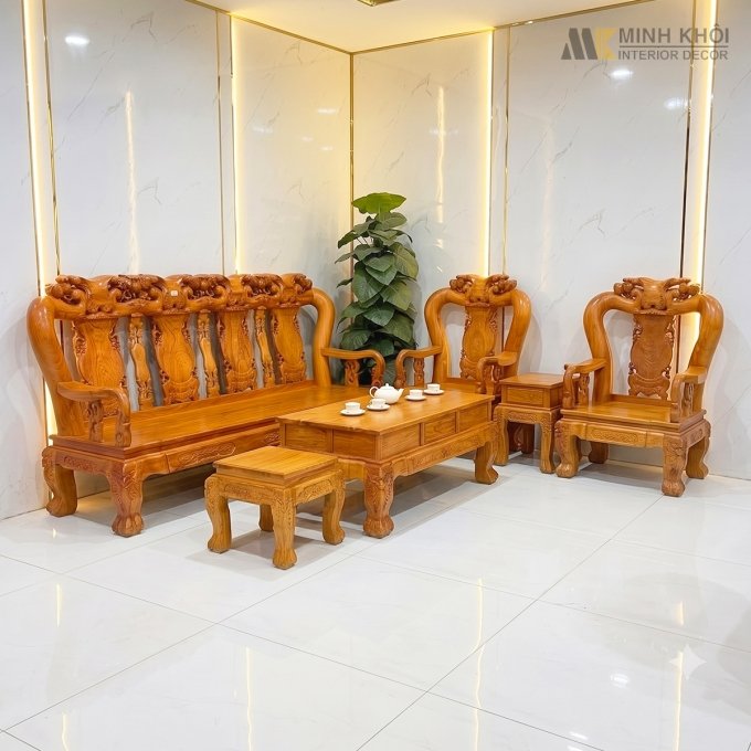 Salon Hương Đá Tay 12 Chạm Đào Mặt Liền 4 Tựa - SL973
