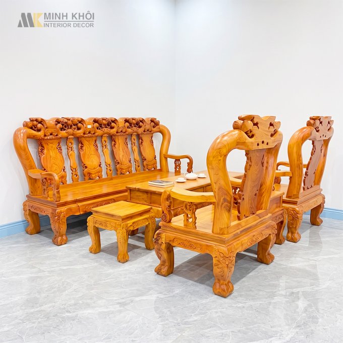 Salon Hương Đá Tay 12 Chạm Đào Mặt Liền 4 Tựa - SL973
