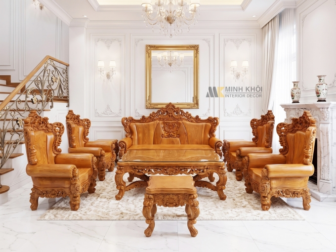 Salon Louis Hoàng Gia Gõ Đỏ Nguyên Khối 8 Món - SL546