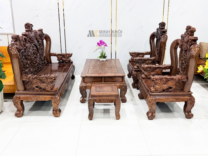 Salon Nghê Cột 12 Gỗ Mun Đuôi Công Cao Cấp - SL895