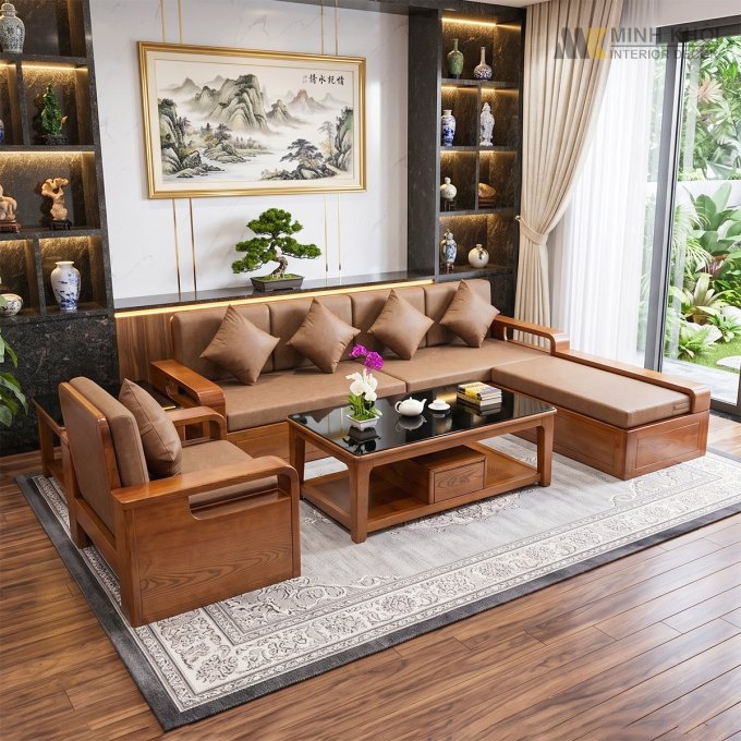 Sofa Đẹp Gỗ Sồi Sơn Màu Óc Chó - SF3011