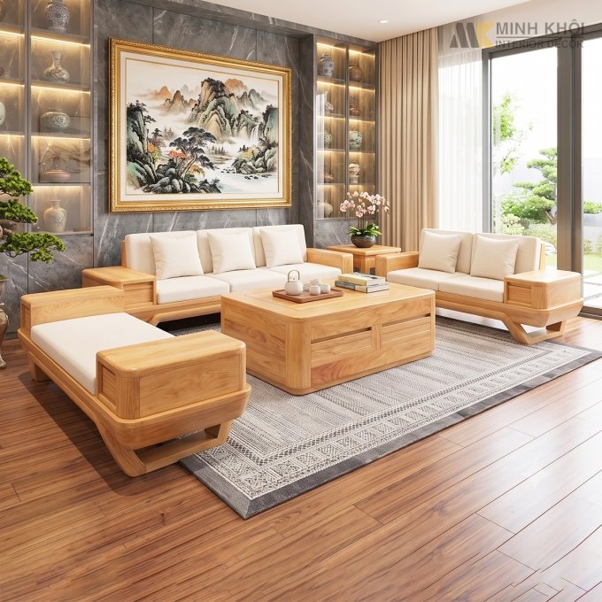 Sofa Gỗ Gõ Đỏ Bọc Nệm 5 Món Hiện Đại - SF918