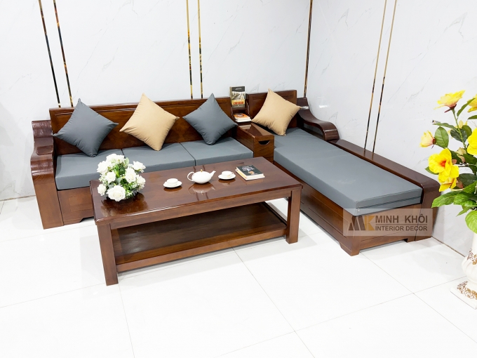 Sofa Gỗ Gõ Đỏ Góc L Hiện Đại Có Nệm – SF802