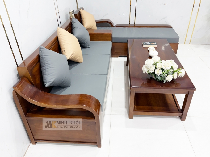 Sofa Gỗ Gõ Đỏ Góc L Hiện Đại Có Nệm – SF802