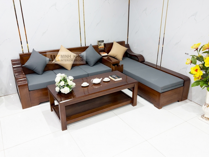 Sofa Gỗ Gõ Đỏ Góc L Hiện Đại Có Nệm – SF802