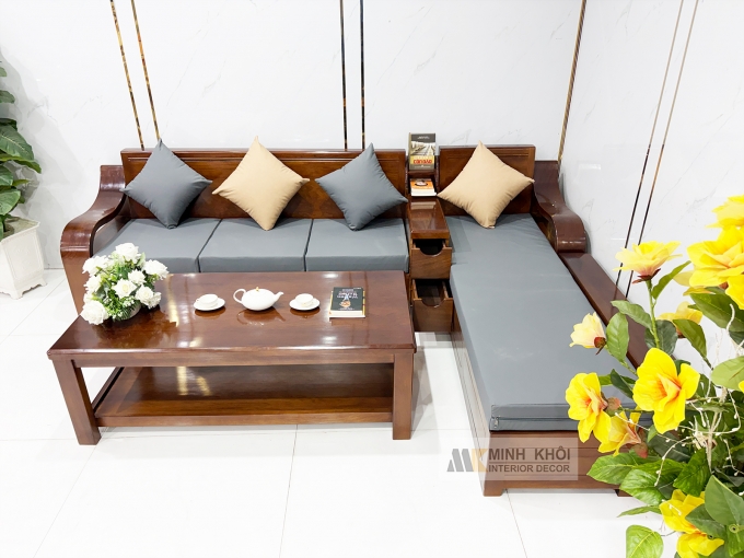 Sofa Gỗ Gõ Đỏ Góc L Hiện Đại Có Nệm – SF802