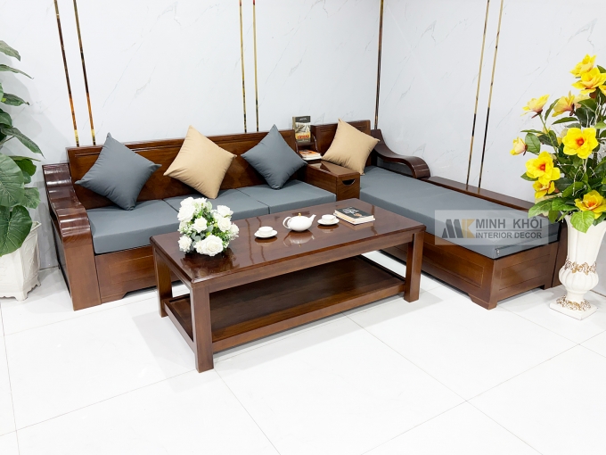Sofa Gỗ Gõ Đỏ Góc L Hiện Đại Có Nệm – SF802