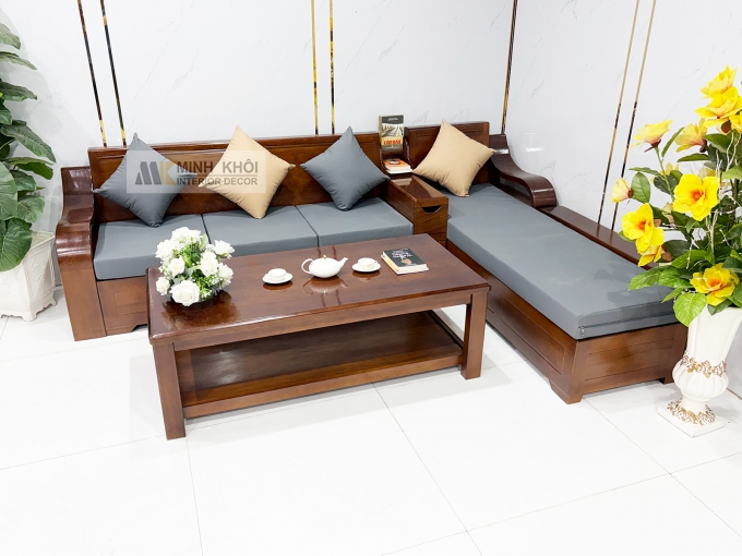 Sofa Gỗ Gõ Đỏ Góc L Hiện Đại Có Nệm – SF802