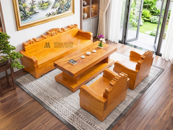 Sofa Gỗ Nguyên Khối Gõ Đỏ 4 Món Cao Cấp - SF953