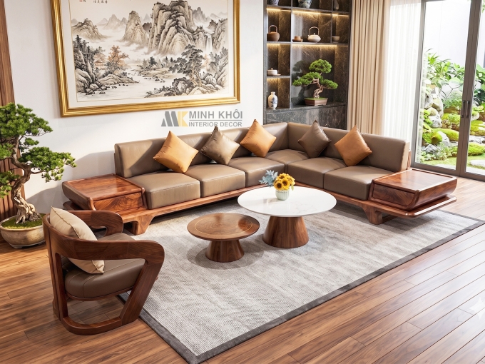 Sofa Gỗ Óc Chó Chữ L Cao Cấp - SF965