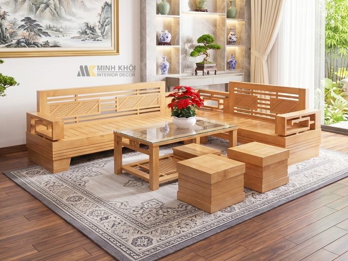 Sofa Gỗ Sồi Góc 6 Món Nan G - SF185G