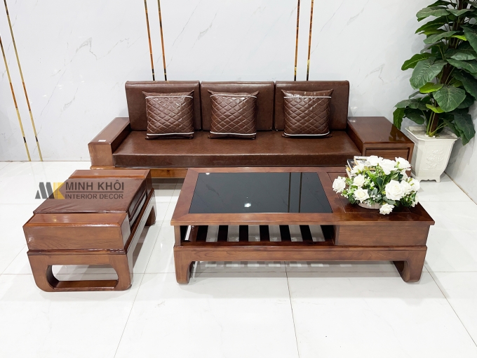 Sofa Gỗ Sồi Màu Óc Chó 3 Món Chân Quỳ – SF933