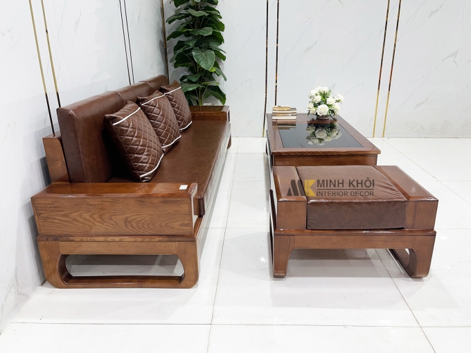 Sofa Gỗ Sồi Màu Óc Chó 3 Món Chân Quỳ – SF933