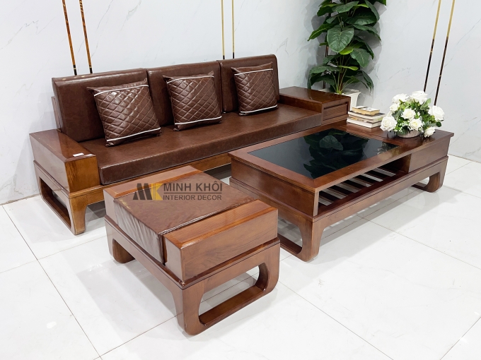 Sofa Gỗ Sồi Màu Óc Chó 3 Món Chân Quỳ – SF933