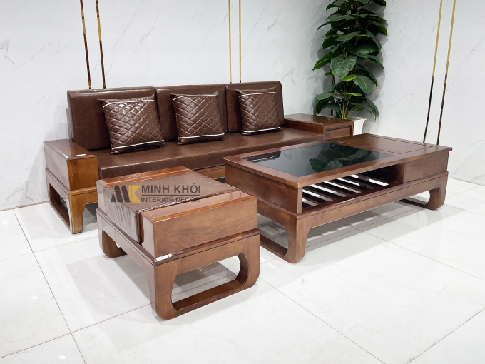 Sofa Gỗ Sồi Màu Óc Chó 3 Món Chân Quỳ – SF933
