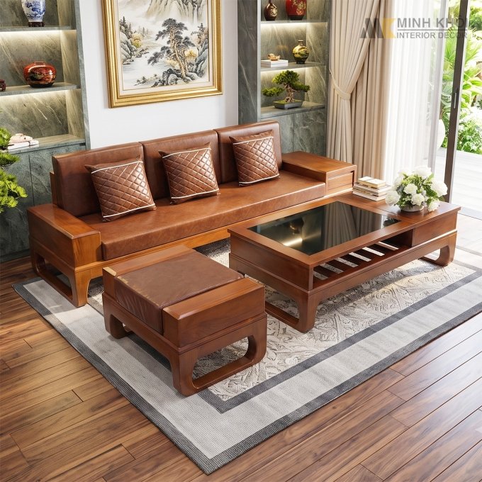 Sofa Gỗ Sồi Màu Óc Chó 3 Món Chân Quỳ – SF933