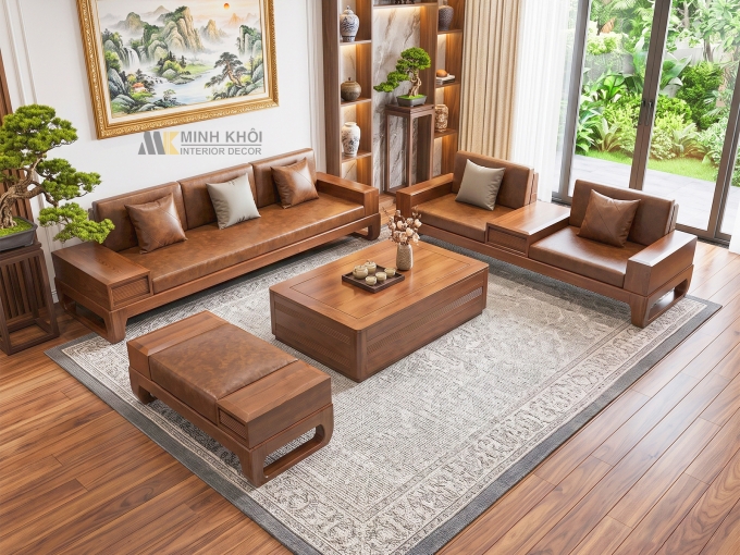 Sofa Gỗ Sồi Màu Óc Chó 4 Món Hiện Đại - SF925