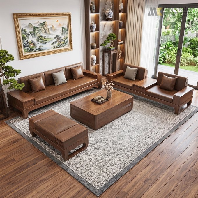 Sofa Gỗ Sồi Màu Óc Chó 4 Món Hiện Đại - SF925