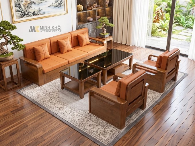 Sofa Gỗ Sồi Màu Óc Chó 5 Món Bọc Nệm – SF949
