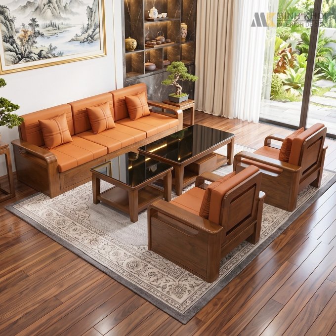 Sofa Gỗ Sồi Màu Óc Chó 5 Món Bọc Nệm – SF949