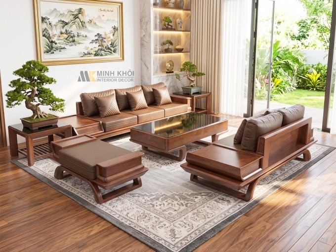 Sofa Gỗ Sồi Màu Óc Chó 5 Món Chân Chéo Có Nệm - SF902