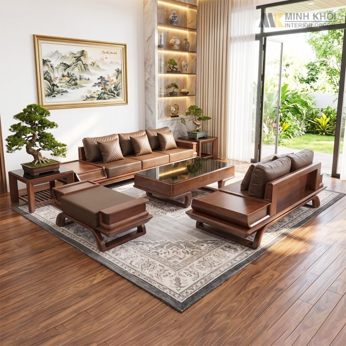 Sofa Gỗ Sồi Màu Óc Chó 5 Món Chân Chéo Có Nệm - SF902