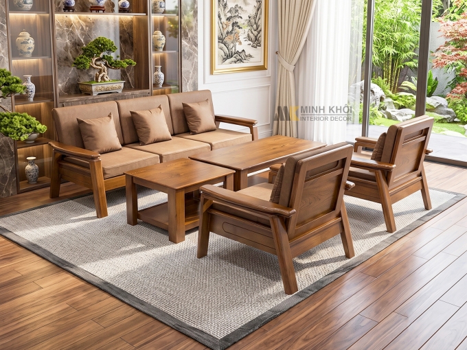 Sofa Gỗ Sồi Màu Óc Chó 5 Món Hiện Đại – SF935