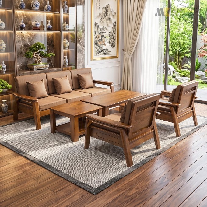 Sofa Gỗ Sồi Màu Óc Chó 5 Món Hiện Đại – SF935