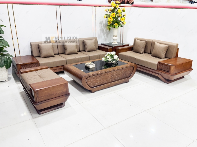 Sofa Gỗ Sồi Màu Óc Chó 5 Món Hiện Đại - SF936