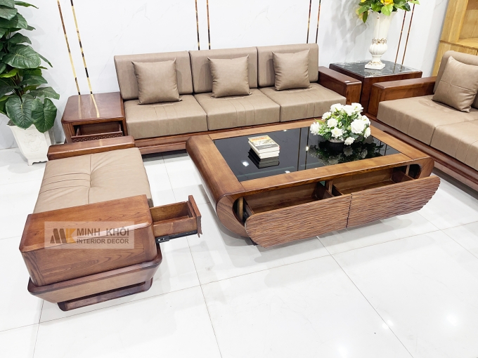 Sofa Gỗ Sồi Màu Óc Chó 5 Món Hiện Đại - SF936