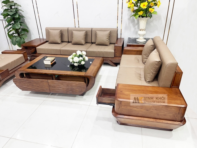 Sofa Gỗ Sồi Màu Óc Chó 5 Món Hiện Đại - SF936
