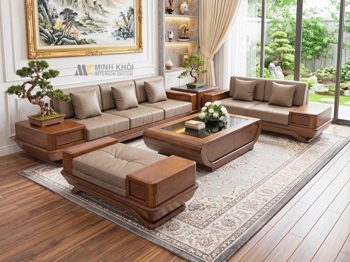 Sofa Gỗ Sồi Màu Óc Chó 5 Món Hiện Đại - SF936