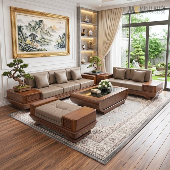 Sofa Gỗ Sồi Màu Óc Chó 5 Món Hiện Đại - SF936