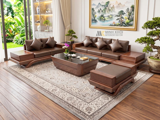 Sofa Gỗ Sồi Màu Óc Chó 5 Món Hiện Đại - SF939