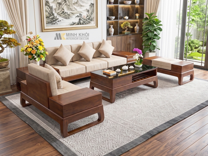Sofa Gỗ Sồi Màu Óc Chó 5 Món Nệm Da Hiện Đại - SF946