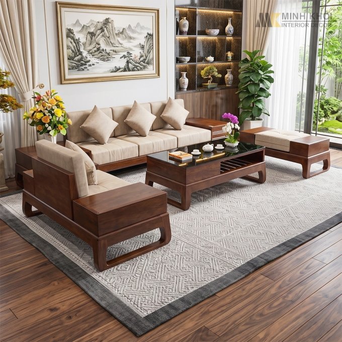 Sofa Gỗ Sồi Màu Óc Chó 5 Món Nệm Da Hiện Đại - SF946