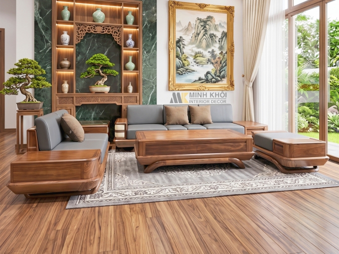Sofa Gỗ Sồi Màu Óc Chó 5 Món Nệm Hiện Đại - SF922