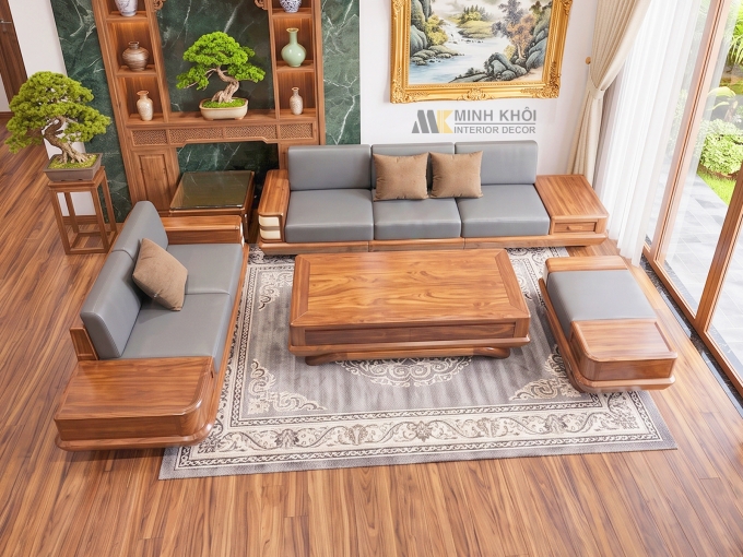 Sofa Gỗ Sồi Màu Óc Chó 5 Món Nệm Hiện Đại - SF922
