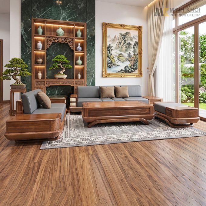 Sofa Gỗ Sồi Màu Óc Chó 5 Món Nệm Hiện Đại - SF922