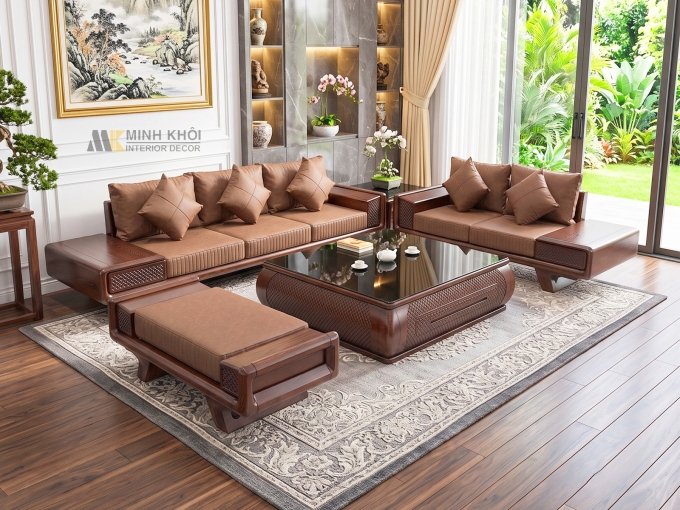 Sofa Gỗ Sồi Màu Óc Chó Bàn Vuông 5 Món - SF980