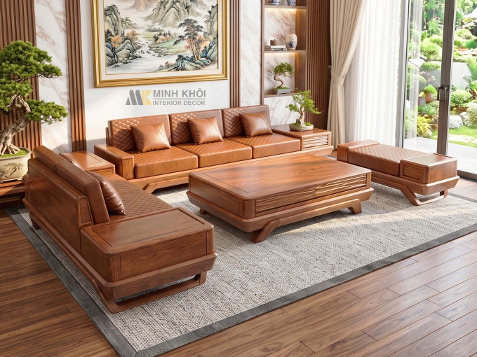 Sofa Gỗ Sồi Màu Óc Chó Chân Chéo Hiện Đại - SF927