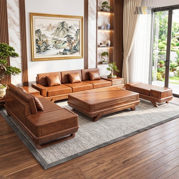 Sofa Gỗ Sồi Màu Óc Chó Chân Chéo Hiện Đại - SF927