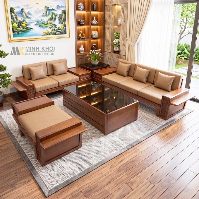 Sofa Gỗ Sồi Màu Óc Chó Chân Pi Bàn Hộp - SF877