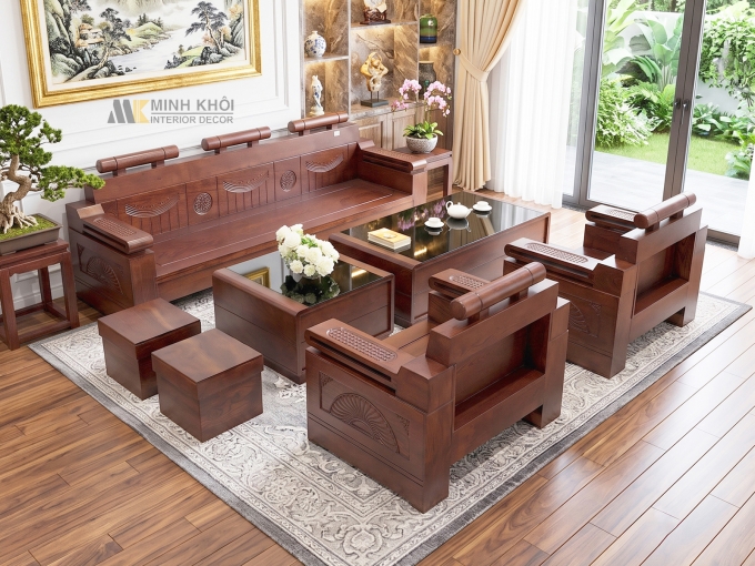 Sofa Gỗ Sồi Màu Óc Chó Đối 7 Món Kiểu Tàu - SF940