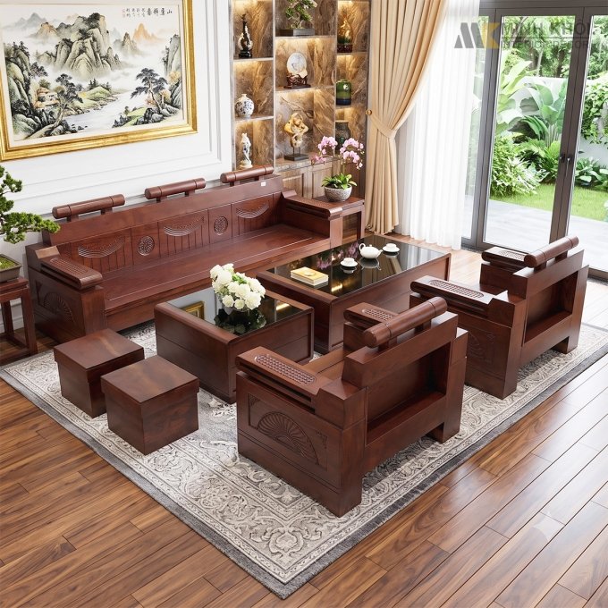 Sofa Gỗ Sồi Màu Óc Chó Đối 7 Món Kiểu Tàu - SF940