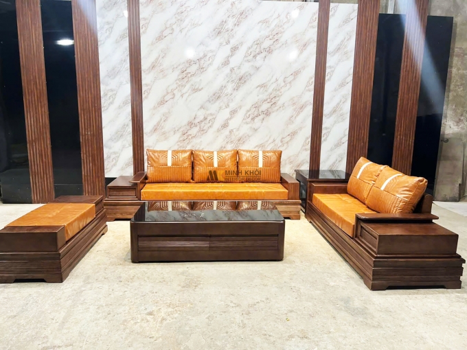 Sofa Gỗ Sồi Màu Óc Chó Hiện Đại 5 Món - SF924